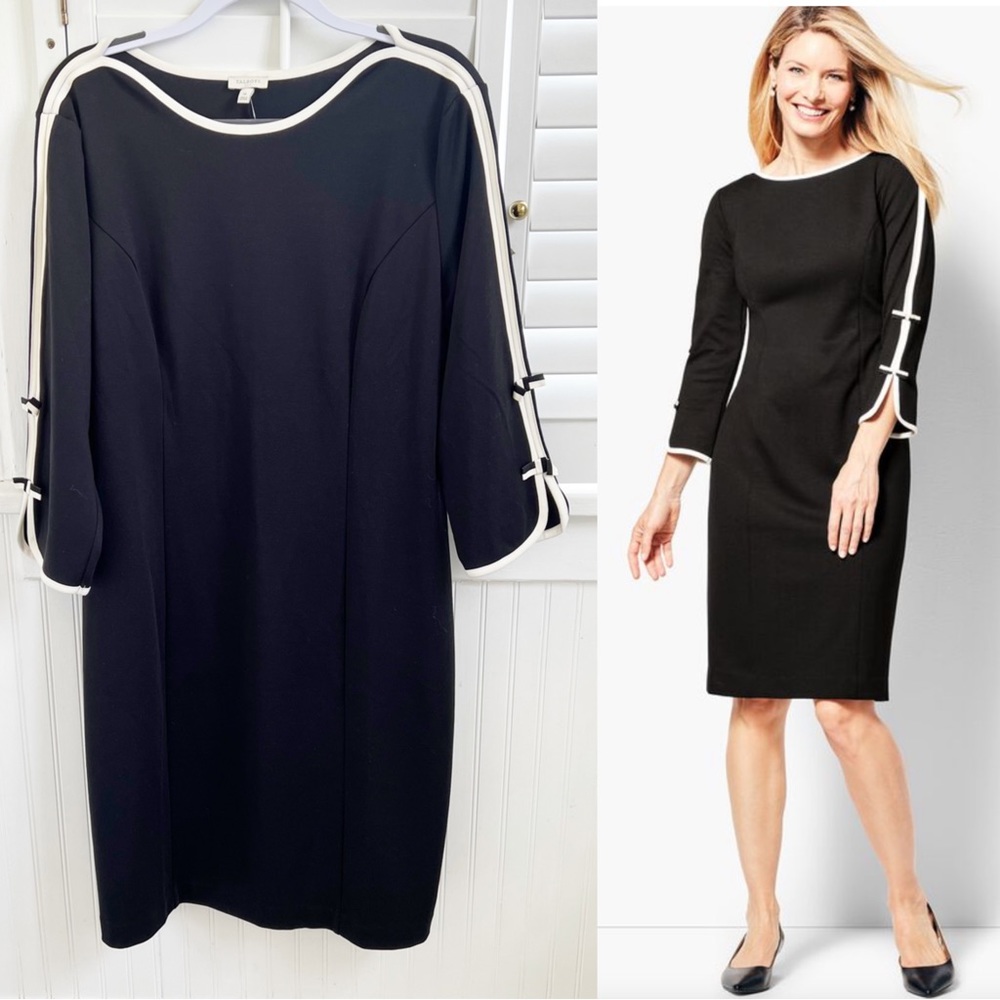 Talbots NWT Black & White Trim Ribbon Sleeves Shift Dress Size 14